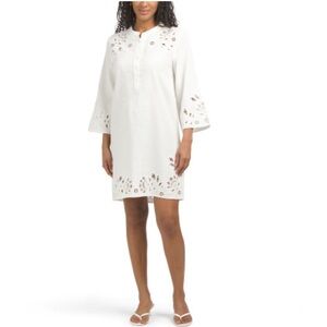 Secret Mission White Linen Blend Embroidered Eyelet Mini Dress Size Medium NWT